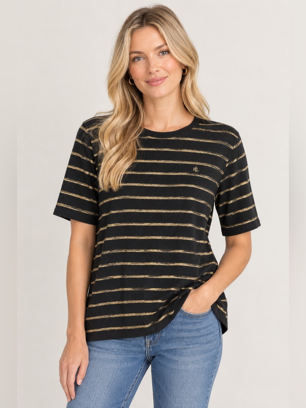 Lauren Ralph Lauren Black Knit Short Sleeve Top with Gold Stripes